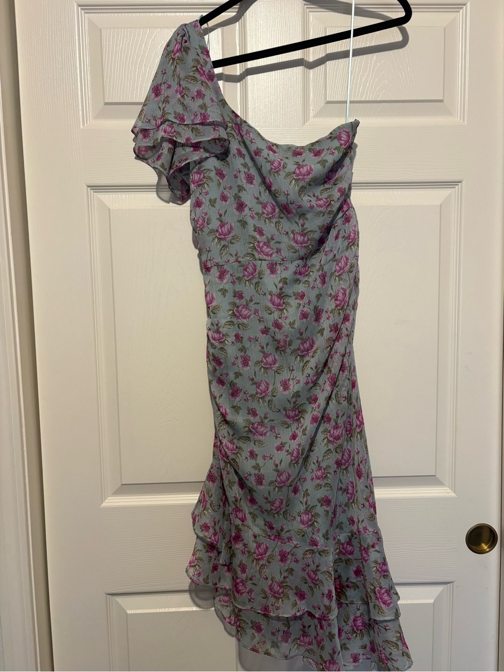 Astr One-Shoulder Floral Midi Dress in Sage and Pink